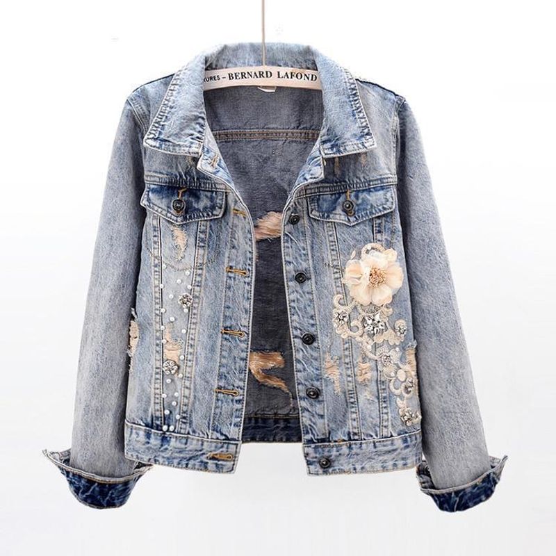 Kort jeansjacka för kvinnor, slim fit diamantbesatt långärmad jacka för små människor, stor storlek, långärmad jacka för kvinnor_voghion.com