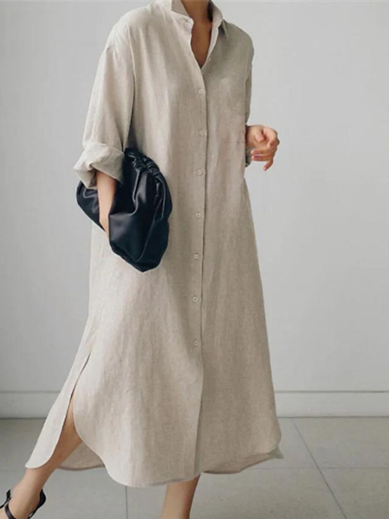 Frauen Kleid Langarm Solide Hemd Sommerkleid Revers Hals Tasten Vestidos Mode Lose Maxi Kleider Vintage Robe Femme_voghion.com