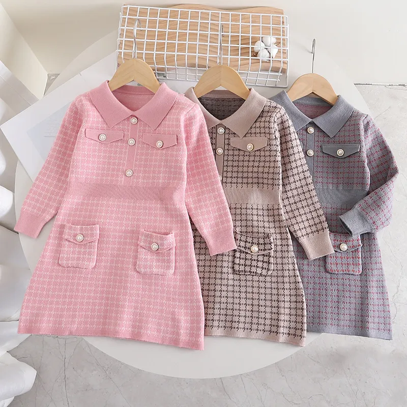 Robe pull tricotée à petits carreaux pour enfants, nouvelle collection automne/hiver, vent parfumé, poche à carreaux, trésor pour femmes_voghion.com