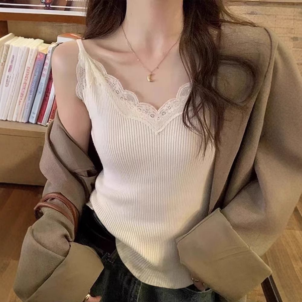 Off-Shoulder Bowknot Blouse Long Sleeve T-Shirt Women Lace With Chest Pad Camisole Two-Piece Set Ice Silk Fresh Sweet_voghion.com