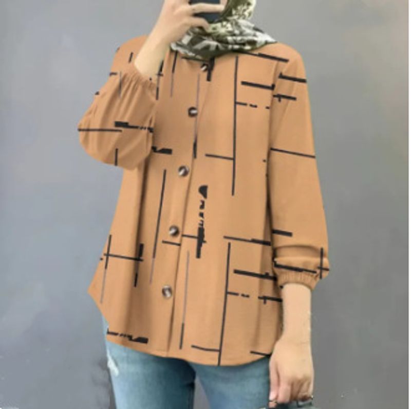 Women's print loose fashion puff sleeve wave literary casual loose shirt_voghion.com