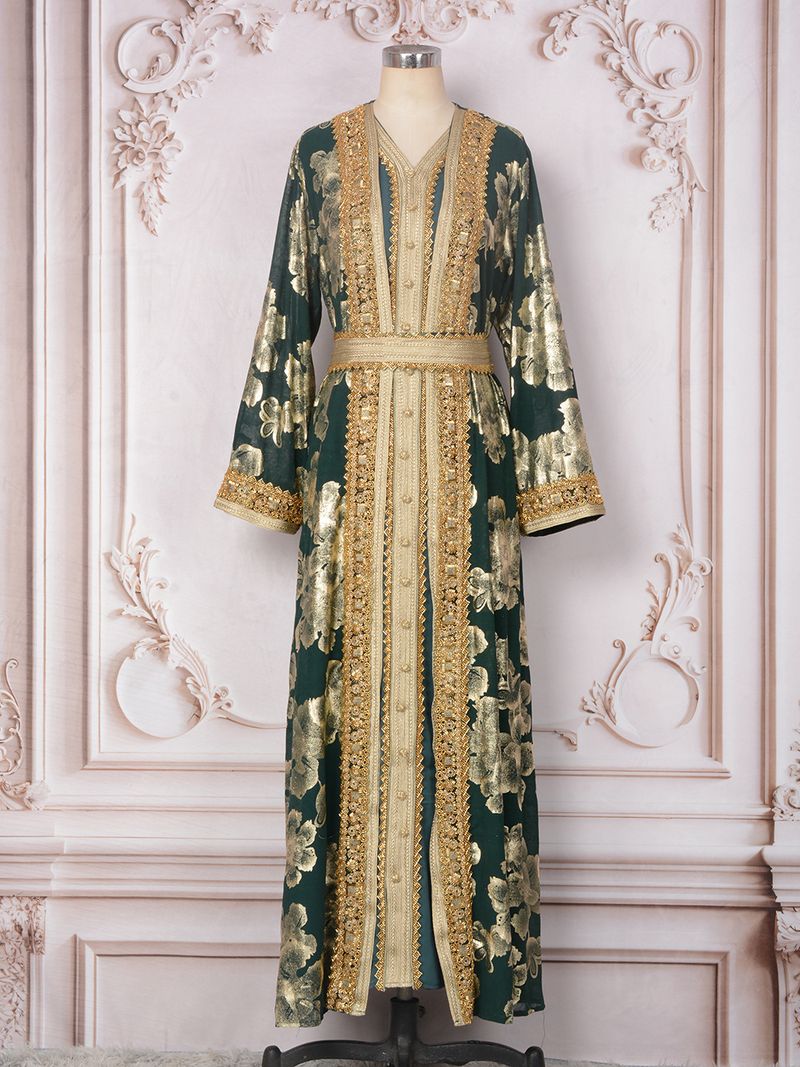 Muslim Robe Women's Long Skirt Gold Stamped Flower Decoration Evening Dress Two Piece Dress_voghion.com