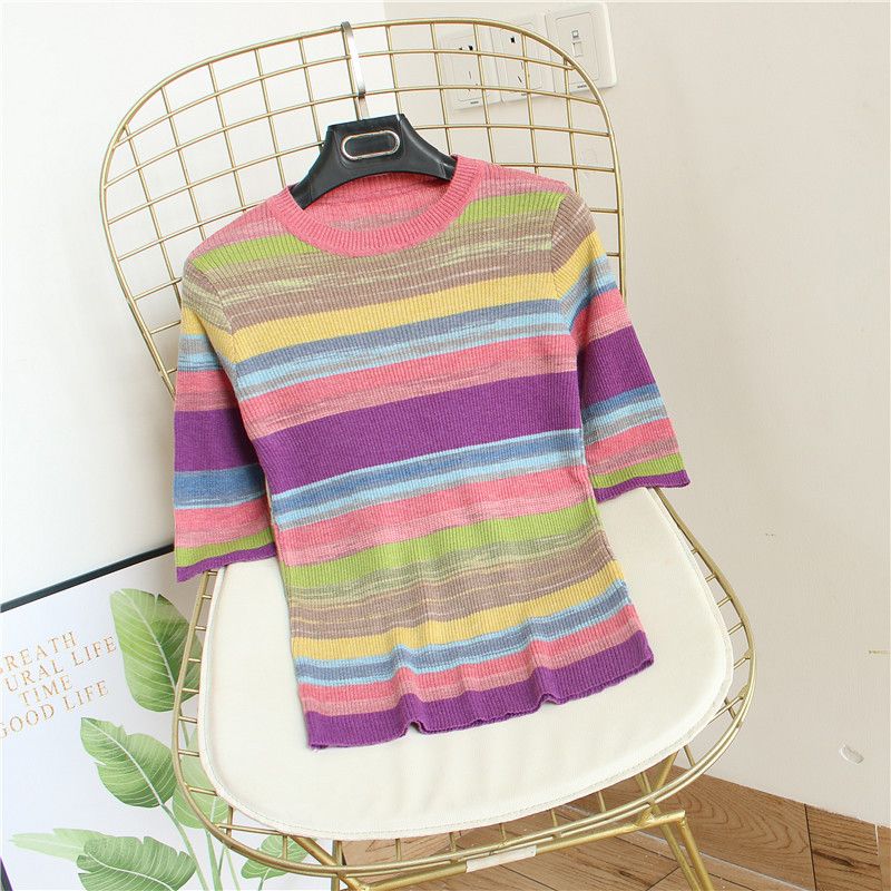 Pull tricoté pour femmes, coupe cintrée, manches mi-longues, rayé arc-en-ciel, chemise à bascule, haut fin, nouvelle collection printemps et été_voghion.com