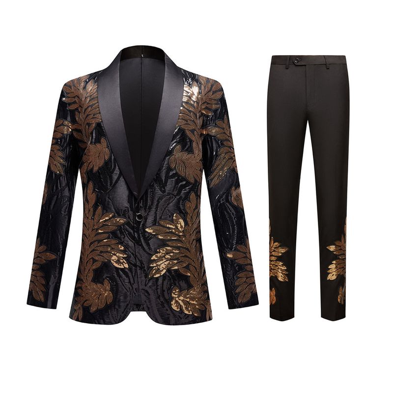 Moda masculina posicionamento adesivo lantejoulas terno duas peças casamento banquete cantor vestido top + calças_voghion.com