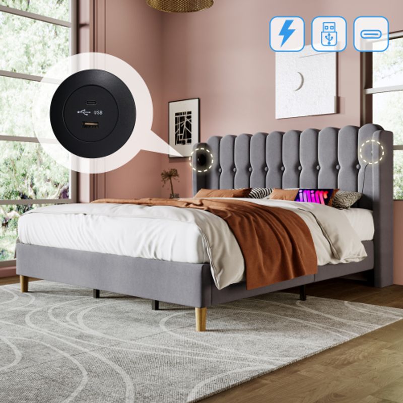 Polsterbett Doppelbett Mit USB Typ C Ladefunktion, Bettgestell Mit Lattenrost, Gepolstertes Bett In Grau, 180 X 200 Cm Bettrahmen Jugendbett Für Schlafzimmer Gästezimmer-Leinenmaterial_voghion.com