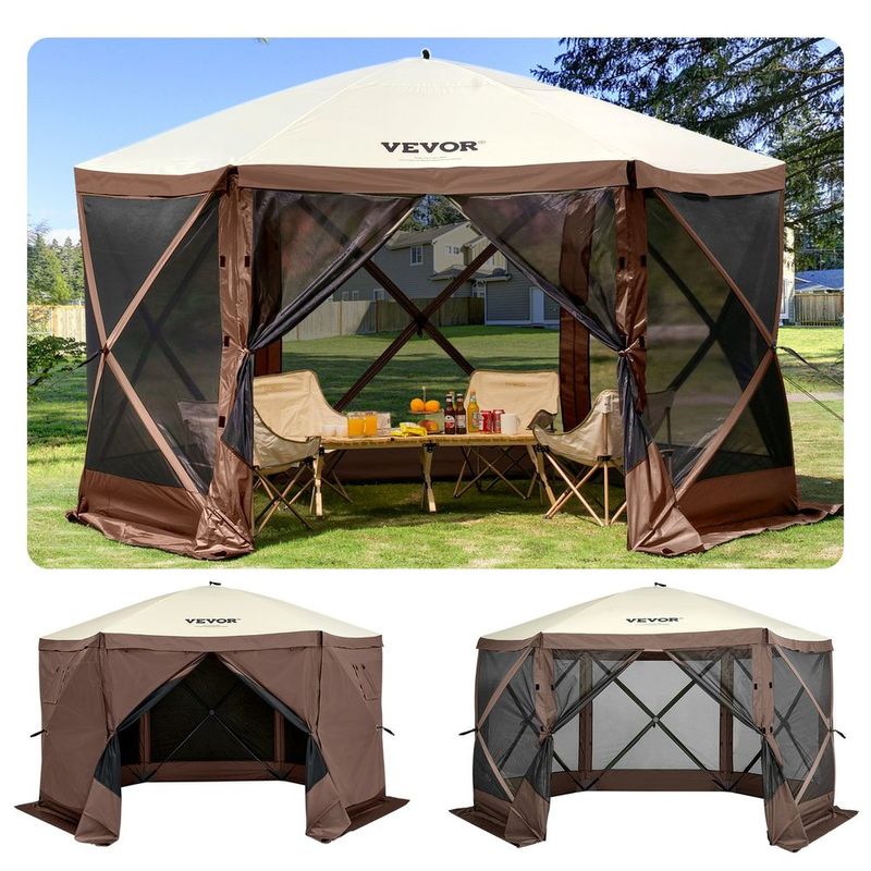 Camping Gazebo Screen Tent, 12*12ft, 6 Sided Pop-up Canopy Shelter Tent With Mesh Windows, Portable Carry Bag, Stakes, Large Shade Tents For Outdoo_voghion.com