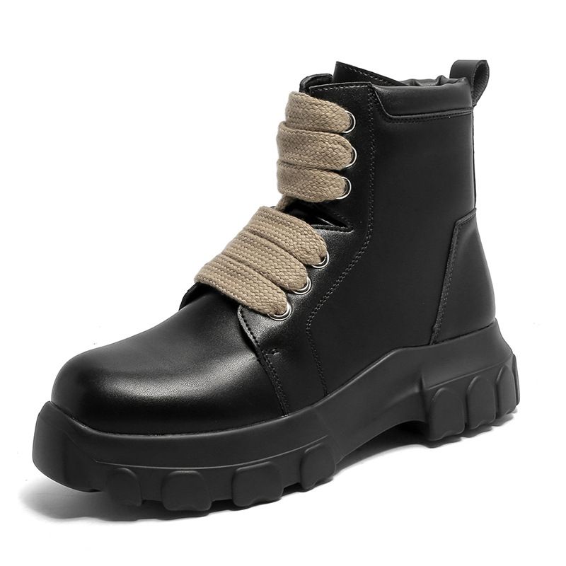 Casual Retro Medium Tube Round Head Tooling Boots Thick Sole Heightening Casual Lace-up Martin Boots_voghion.com