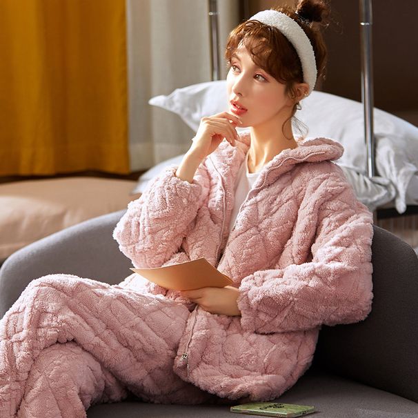 Dames herfstvest, pyjama met lange mouwen en rits, verdikt en flanel drielaags katoen koraalfleece, winter_voghion.com