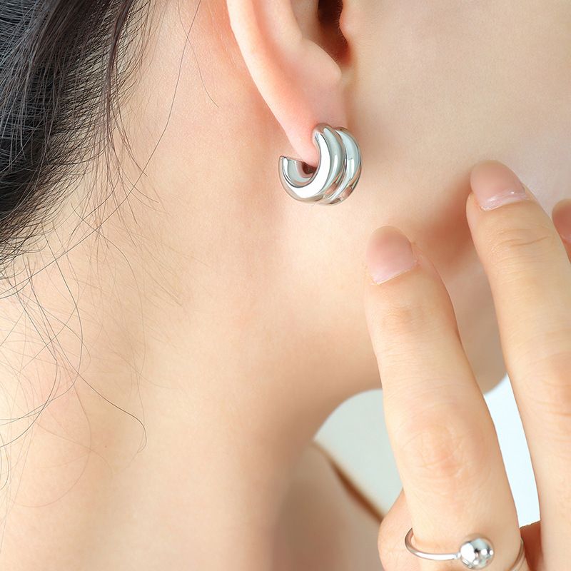 Orecchini a doppio strato a forma di C, orecchini a specchio a semicerchio, orecchini a bottone placcati da donna, accessori retrò in acciaio al titanio._voghion.com