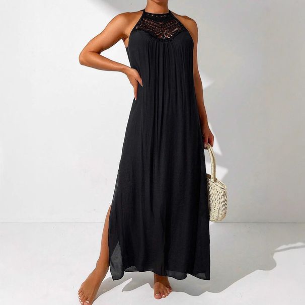 Abito lungo da spiaggia per le vacanze da donna, con scollo all'americana, in pizzo e traforato_voghion.com