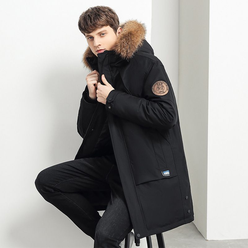 Casaco masculino com capuz e gola de pele de inverno, solto e grosso, jaqueta Parker de penas de comprimento médio a longo_voghion.com