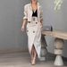 Women’s Clothing Women's Suit Lapel Patchwork No Long Sleeve Top Skirt Two piece Set with Belt_voghion.com