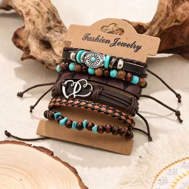Wood Beaded Multi-layer Retro Flower Peacock Feather Heart-shaped Hand-woven Set Bracelet_voghion.com