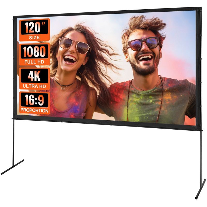VEVOR Projector Screen With Stand, 120 Inch 16:9 4K 1080 HD Outdoor Movie Screen With Stand, Wrinkle-Free Projection Screen With Bar Feet And Carry Bag, For Home Theater Cinema Backyard Movie Night_voghion.com