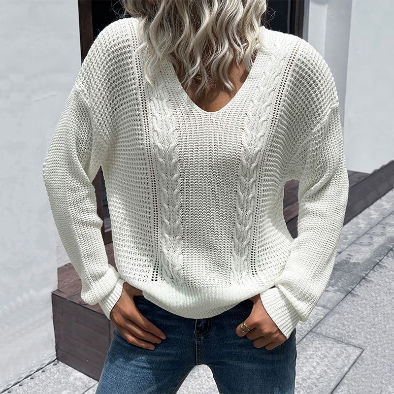 Pullover maglione allentato casual con scollo a V lavorato a maglia tinta unita_voghion.com