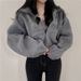 Women's Stand Collar Cropped Fleece-Lined Sweatshirt Winter Oversized Zip-Up Hoodie With Sherpa Lining Ins Style_voghion.com