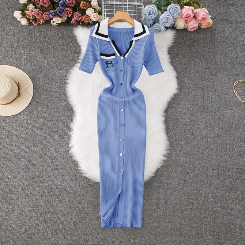 Robe pull à col polo de couleur contrastée pour femmes, jupe longue à la mode avec poche sur la hanche, manches courtes, robe tricotée brodée_voghion.com