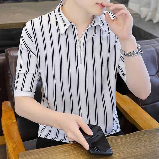 Half Zipper Short Sleeve Men's Summer Thin Striped Contrast Color Casual Lapel Polo Shirt Trendy Brand Summer Half Sleeve T-Shirt_voghion.com