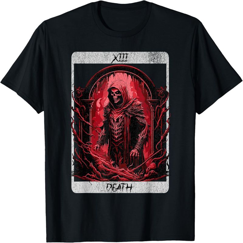Vintage T-shirt με την κάρτα ταρώ θανάτου και τον Grim Reaper, απόκρυφο σατανικό τρόμο._voghion.com