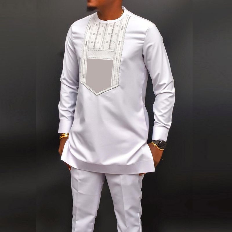 Men's Clothing Men's Elegant Suit Pants Set Embroidery Round Neck Long Sleeve Solid Color Two Piece Social Ethnic Men's Wear Style_voghion.com