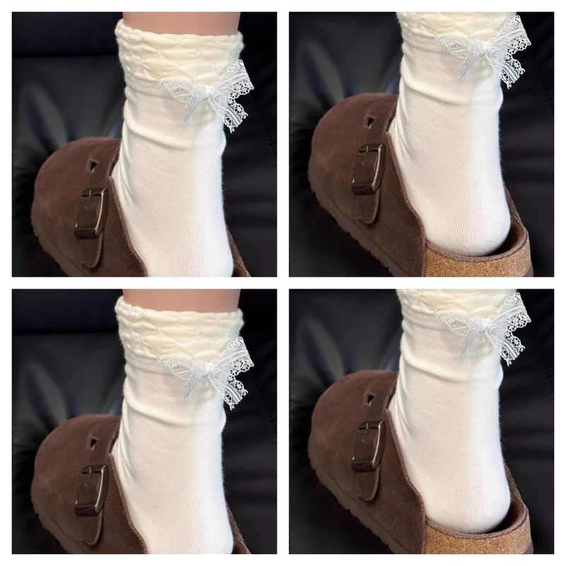 Koreanische Ins Einfarbige Ferse Spitze Schleife Mittelrohr Herbst Und Winter Pure Desire Mädchen Plissee Bubble Edge Pile Socken_voghion.com