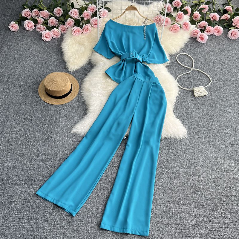 Women's new one-shoulder off-shoulder top versatile wide-leg pants two-piece suit trendy_voghion.com
