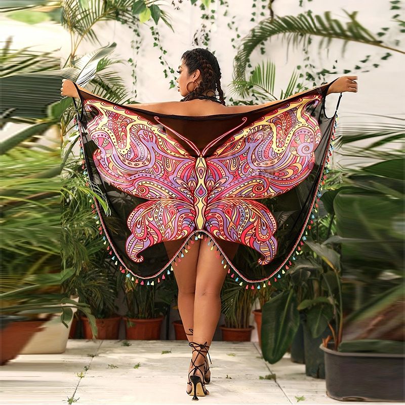 Hot Spring Butterfly Cape Cover-Up Bali Island Printed Mesh Halloween Beach Towel Wrap Dress_voghion.com