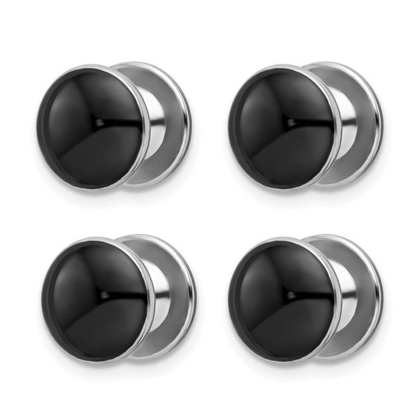 Kelly Waters Rhodium-plated Black Epoxy Four Piece Tuxedo Studs Set_voghion.com