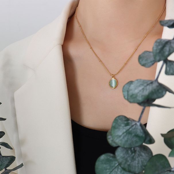 Kadın Takıları Zarif Fransız Retro Tarzı 18 Ayar Altın Kaplama Kedi Gözü Oval Kolye Titanyum Çelik Kolye Kadınlar İçin_voghion.com