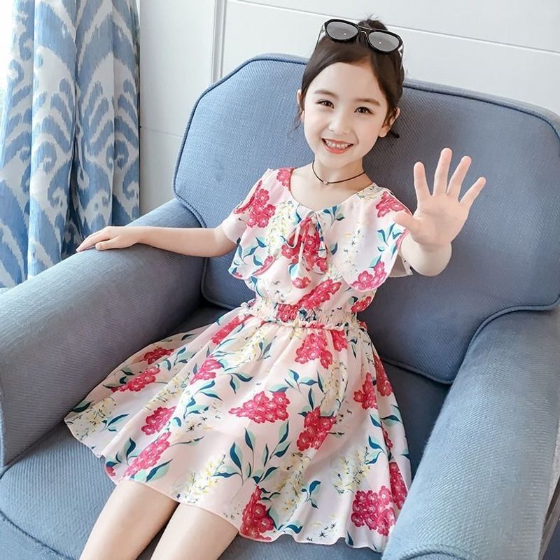 Mère et enfants filles 2024 été nouvelle robe en mousseline de soie florale de style coréen pour petites filles robe de princesse bébé à manches courtes_voghion.com