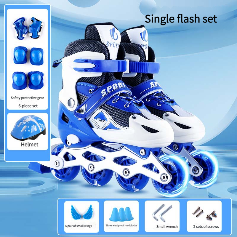 New Children's Inline Roller Skates PVC Single Flash Set Adjustable Including Helmet Protective Gear_voghion.com