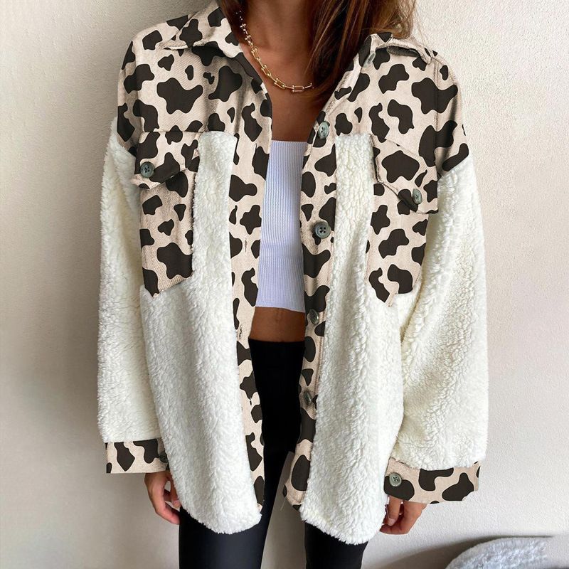 Women'S leopard plaid print plush splicing warm long-sleeved autumn and winter cardigan jacket_voghion.com