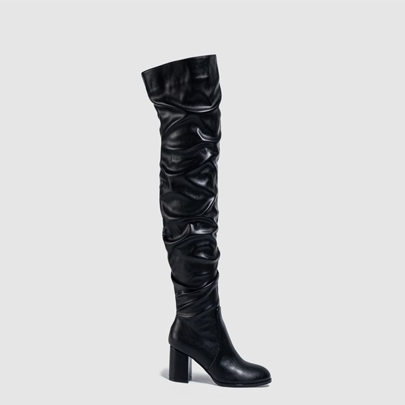 Cizme de modă elastice Tocuri groase Cizme de damă până la coapsă Cizme cu vârf rotund peste genunchi_voghion.com