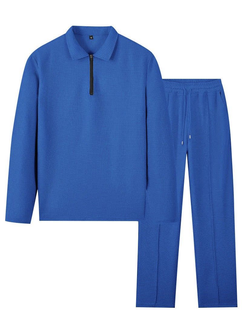 Completo casual da uomo con polo e pantaloni lunghi in maglia a nido d'ape con mezza zip - Comodo e leggero, tessuto traspirante, elegante outfit autunnale_voghion.com