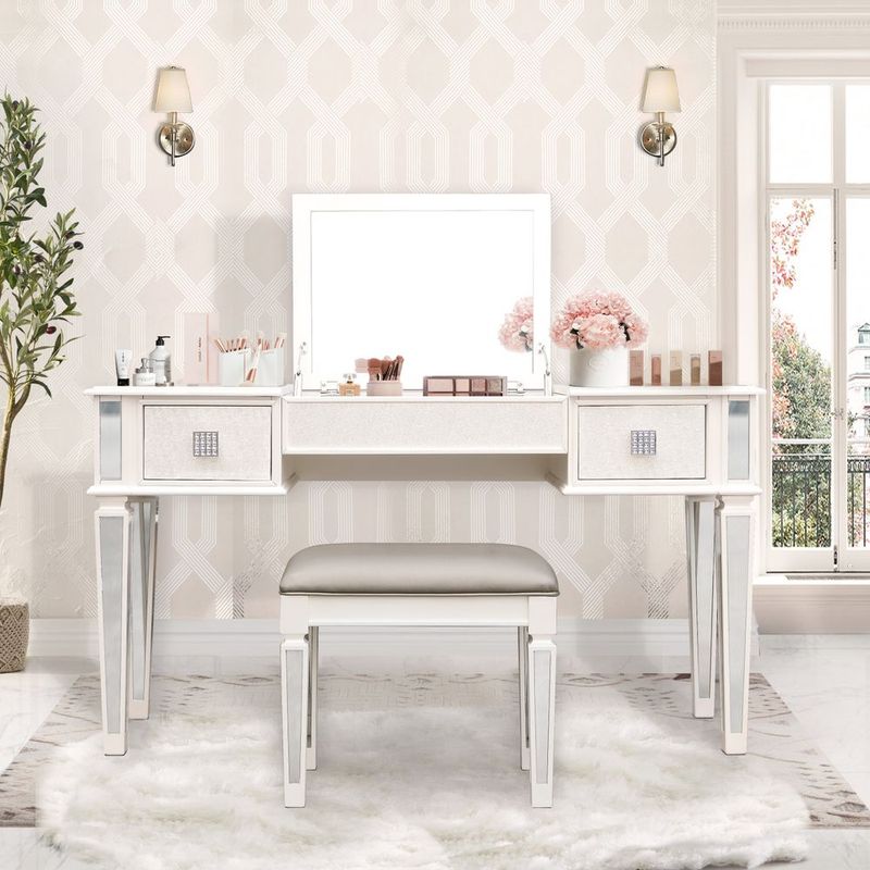 Mirrored Vanities Desk With Drawers, Bedroom Makeup Vanity Table Set With Mirror And Stool, Flip Up Dressing Table For Bedroom/Makeup Room, Working_voghion.com