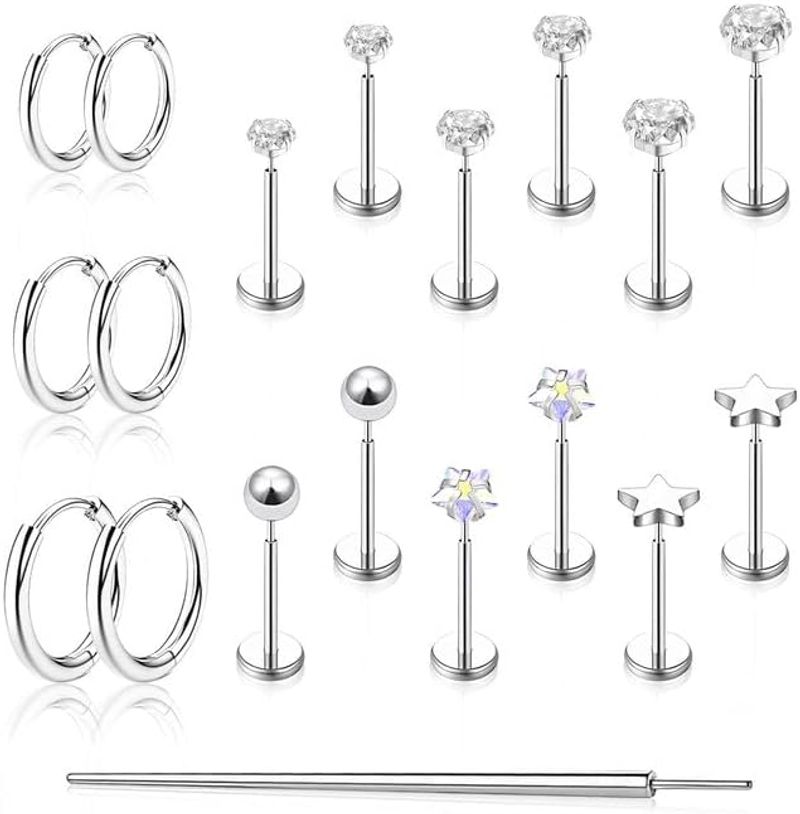 Orecchini a bottone FlatBack Orecchini per cartilagine per donna e uomo Orecchini a bottone FlatBack ipoallergenici senza filo Orecchini in acciaio chirurgico Trago Elica Labret Labbro H B_voghion.com