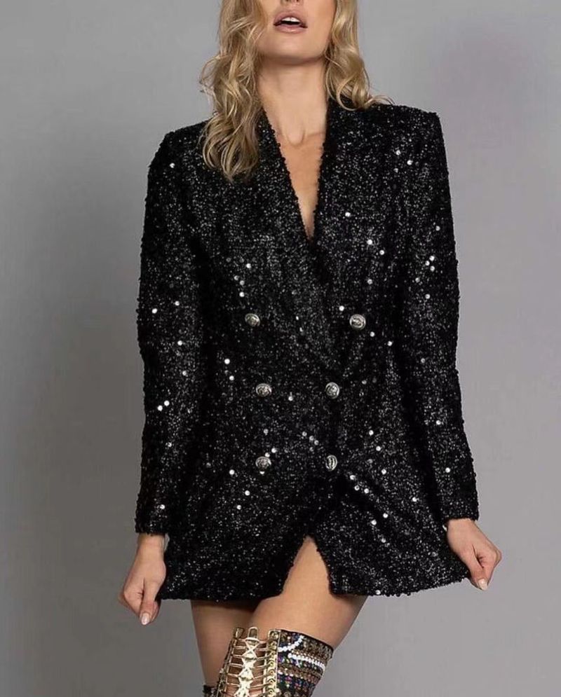 Damenbekleidung Mode Promi V-Ausschnitt Temperament Anzugjacke Zweireiher Schwarze Pailletten Schlankes langes Oberteil_voghion.com
