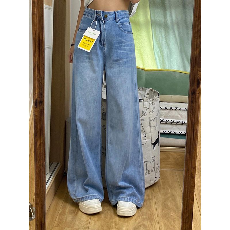 Light Blue Jeans Wom, Draped Wide-Leg Pants, Summer 2024, Plus Size, Straight-Leg Floor-Lgth Pants For Plus-Size_voghion.com