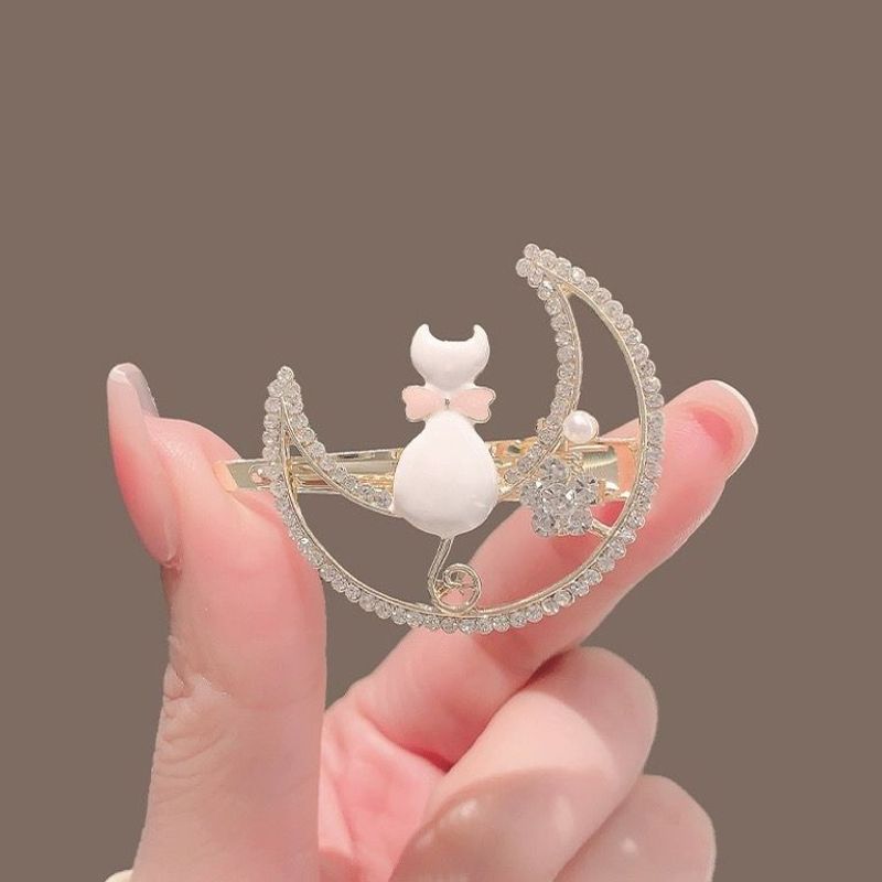 Delicate Cat Rhinestone Moon Duck Bill Clip Temperament Broken Hair Edge Clip Top Clip Hair Accessories Hair Card Girl_voghion.com