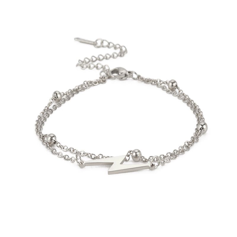 Tobillera de acero inoxidable de doble capa estilo bohemio con colgante de rayo para mujer, cadena de cuentas, joyería para el tobillo de playa_voghion.com