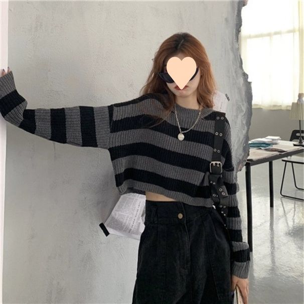Women's Cropped Striped Sweater - Vintage Loose Knit Pullover With High Waist & Flowy Sleeves For Spring Autumn Winter_voghion.com