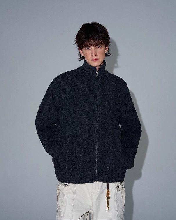 Cárdigan de punto con cremallera y cuello alto para hombre - Cárdigan de punto trenzado grueso de gran tamaño con cuello alto (M-3XL)_voghion.com