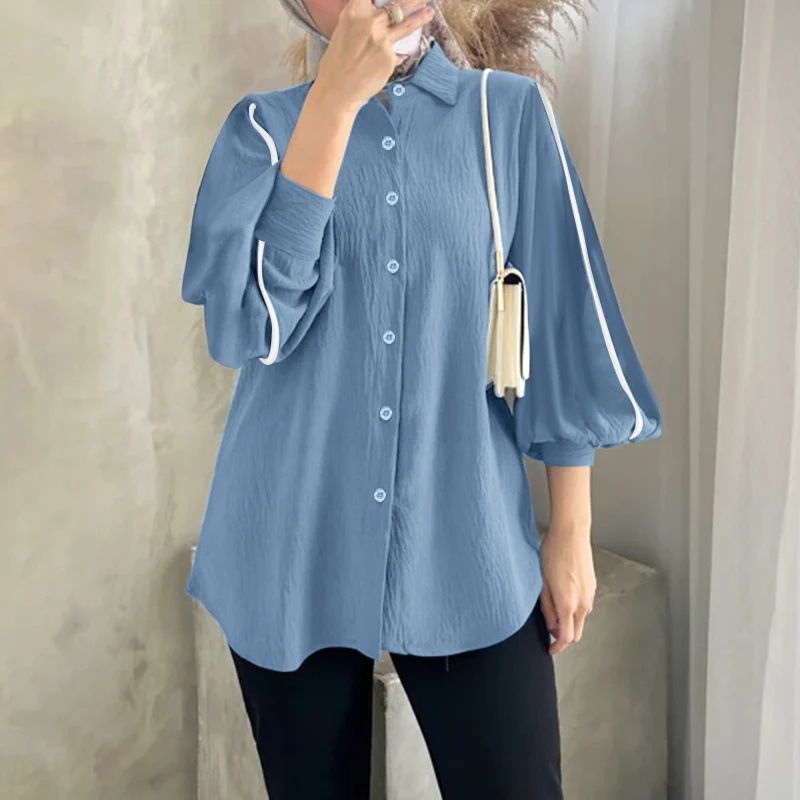 Women Long Lantern Sleeve Tops Muslim Solid Color Casual Shirts Elegant Work Shirts_voghion.com