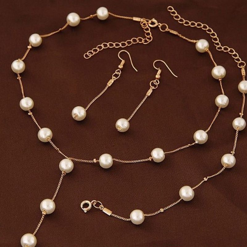 Fashion Pearl Necklace Bracelet Earrings Set New Sweet OL Elegant Pearl Simple Temperament Accessories_voghion.com