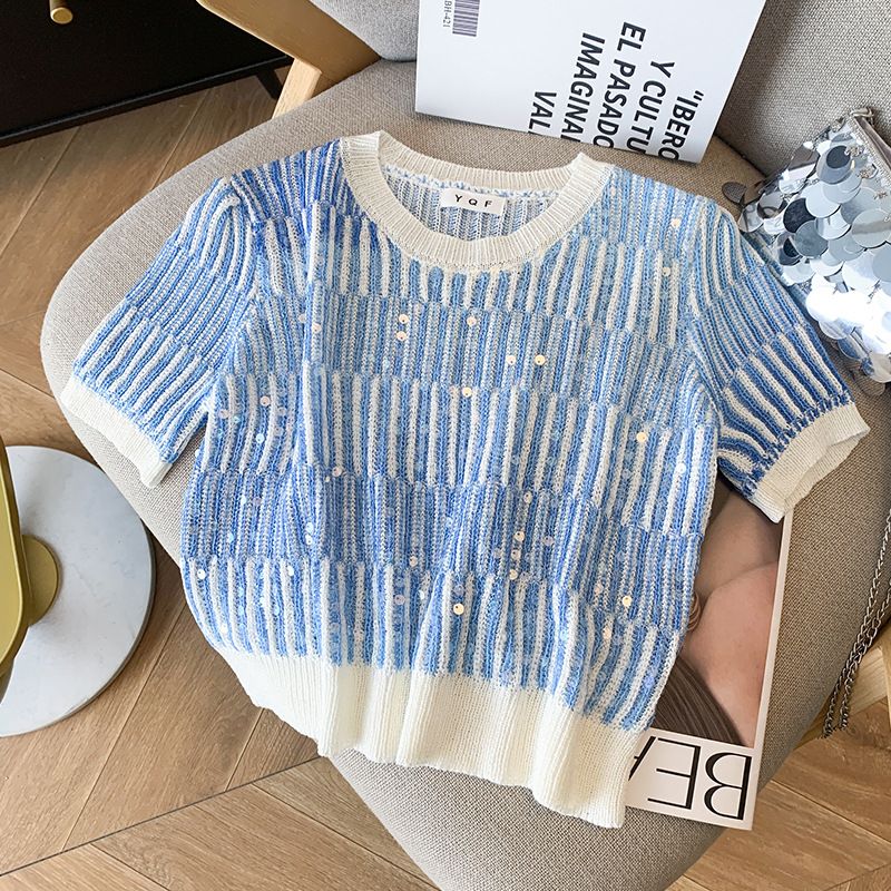 Damenbekleidung Sommer Neues Design Kurze Pailletten Top T-Shirt Chic Ice Silk Pullover Weiblich_voghion.com