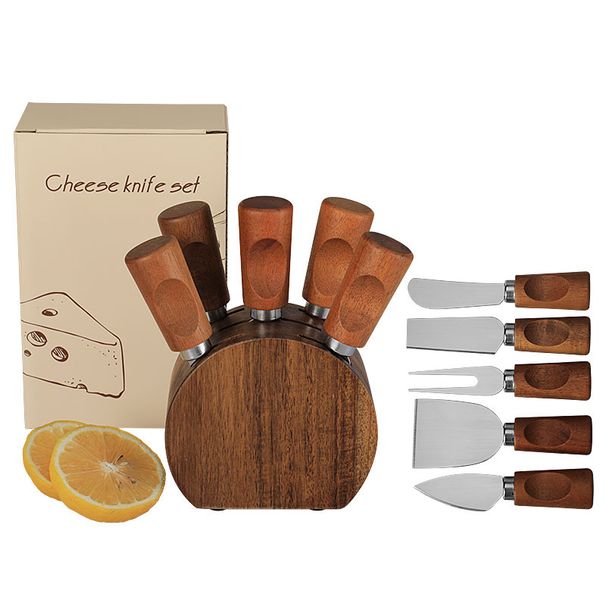 Stainless Steel Cream Acacia Wood Handle Cheese Knife 6-Piece Set With Storage Stand_voghion.com