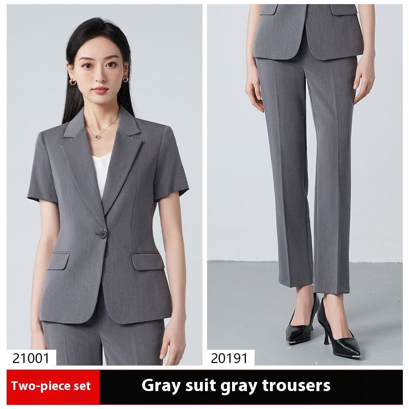 Grauer Kurzarm-Berufsanzug, Damen Sommer Dünnschnitt, College-Aufnahmeprüfung, Vorstellungsgespräch, formelle Kleidung,_voghion.com