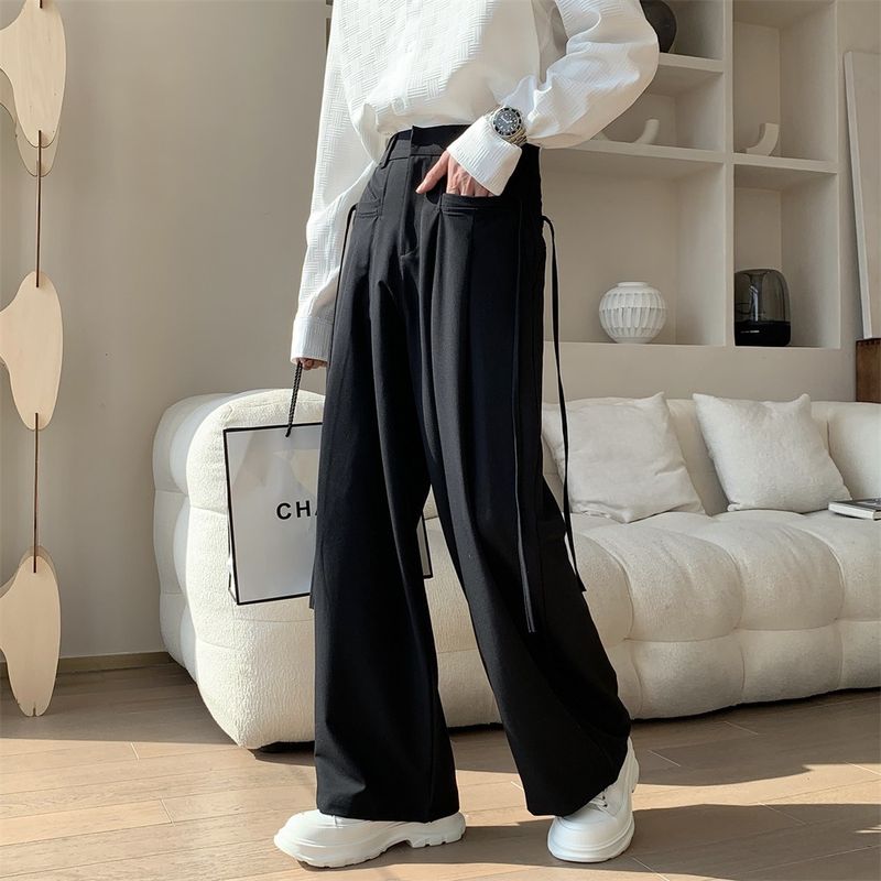 Pantaloni da uomo, pantaloni dritti a vita alta autunnali da uomo, pantaloni casual primaverili e autunnali drappeggiati di tendenza High Street_voghion.com