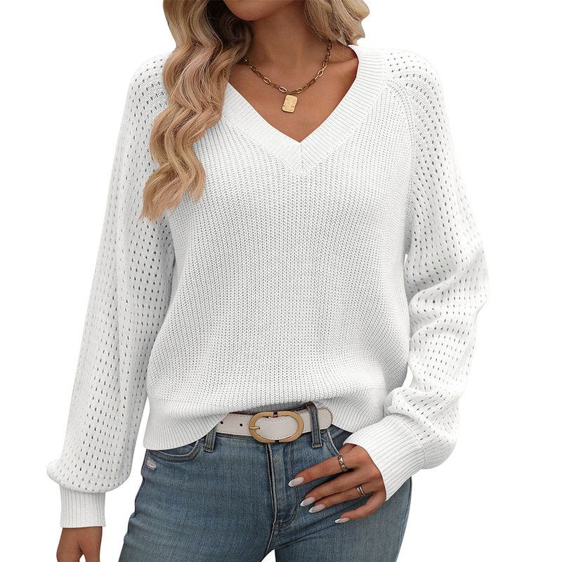 ​​Eleganter Langarmpullover mit V-Ausschnitt und Aussparungen für Damen – Weiche Acrylmischung, trendige Spitzendetails, bequeme und stilvolle Herbst-/Wintermode​​_voghion.com
