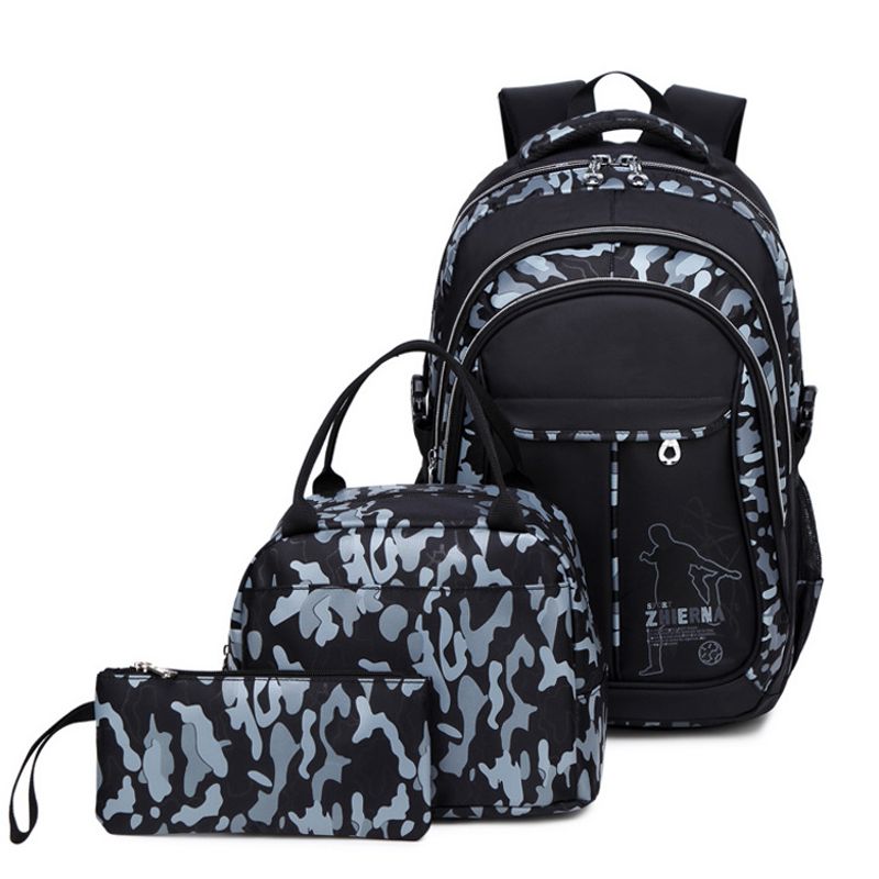 Three-piece Lunch Bag Sports Men's Bag Contrast Color School Bag Camouflage Print Backpack_voghion.com